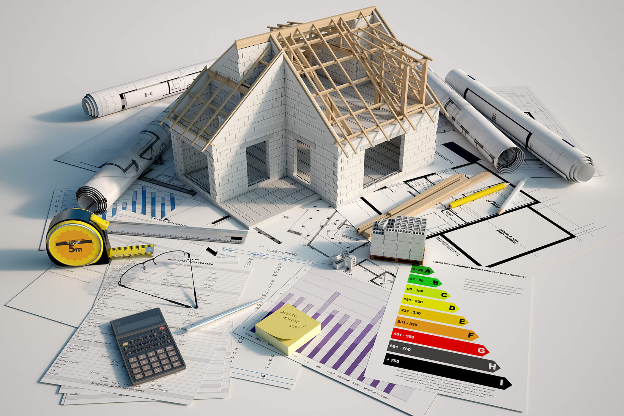 Ein im Bau befindliches Musterhaus steht auf Bauplänen, Diagrammen, einem Taschenrechner, einem Maßband und einer Energieeffizienz-Tabelle. - Helplan